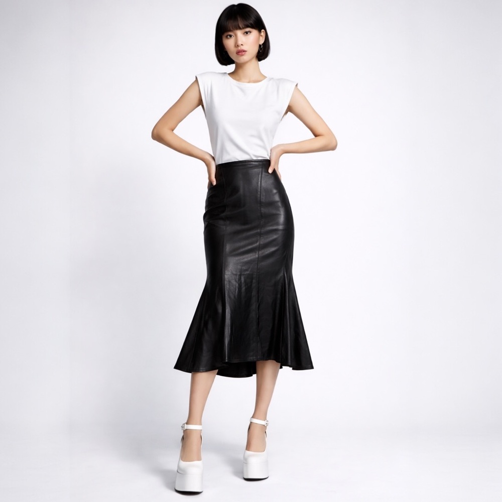 Izzy Camilleri Flared Tulip Profile Leather Midi Skirt